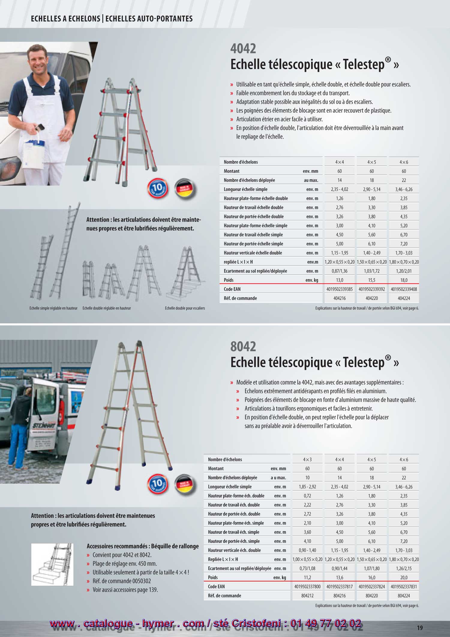  page N° 19 
Échelle à usage multiple 

– Échelle à usage multiple à utilisation universelle avec six articulations de sécurité 
qui se bloquent automatiquement à chaque position. 
– Pour une utilisation comme échelle double, échelle simple, et plate-forme de 
travail sur sol horizontal et escaliers (avec planche pour 4x3). 
– Échelons en profilés laminés. 
– Sabots de l'échelle pressés avec le montant, arrondis en matière plastique 
haut de gamme très stable. 
Attention : Comme plate-forme, à utiliser uniquement avec planche en bois ! 


Articulation autobloquante 
en acier pour une 
utilisation sûre, rapide 
et sans danger de se 
coincer. 

Accessoires recommandés : 

4043 
5 ans de garantie ! 
Plate-forme pour 4043 

Réf. de commande 0079639 
Voir également les accessoires page 159. 


* * 
Vous trouverez d‘autres accessoires à partir de 
la page 152. 
* à partir de la taille 4x4, ne peut pas être utilisée comme plate-forme de travail 
S 


Nombre d‘échelons 4x3 4x4 4x5 
Montant env. mm 6060 60 
Hauteur échelle simple env. m 3,47 4,59 5,71 
Haut. verticale échelle double env. m 1,70 2,25 2,70 
Plate-forme de travail l x h env. m 1,70 x 0,90 non autorisé non autorisé 
Haut. de plate-forme écu double env. m 1,15 1,70 2,25 
Haut. de travail échelle double env. m 2,65 3,20 3,75 
Haut. de portée échelle double env. m 3,15 3,70 4,25 
Haut. de plate-forme écu simple env. m 2,50 3,60 4,70 
Haut. de travail échelle simple env. m 4,00 5,10 6,20 
Haut. de portée échelle simple env. m 4,50 5,60 6,70 
Repliée long. x larg. x haut. env. m 0,90 x 0,70 x 0,30 1,20 x 0,80 x 0,30 1,50 x 1,00 x 0,30 
Poids env. kg 12,4 14,6 16,8 
Code EAN 4019502339354 4019502339361 4019502339378 
Réf. de commande 404312 404316 404320